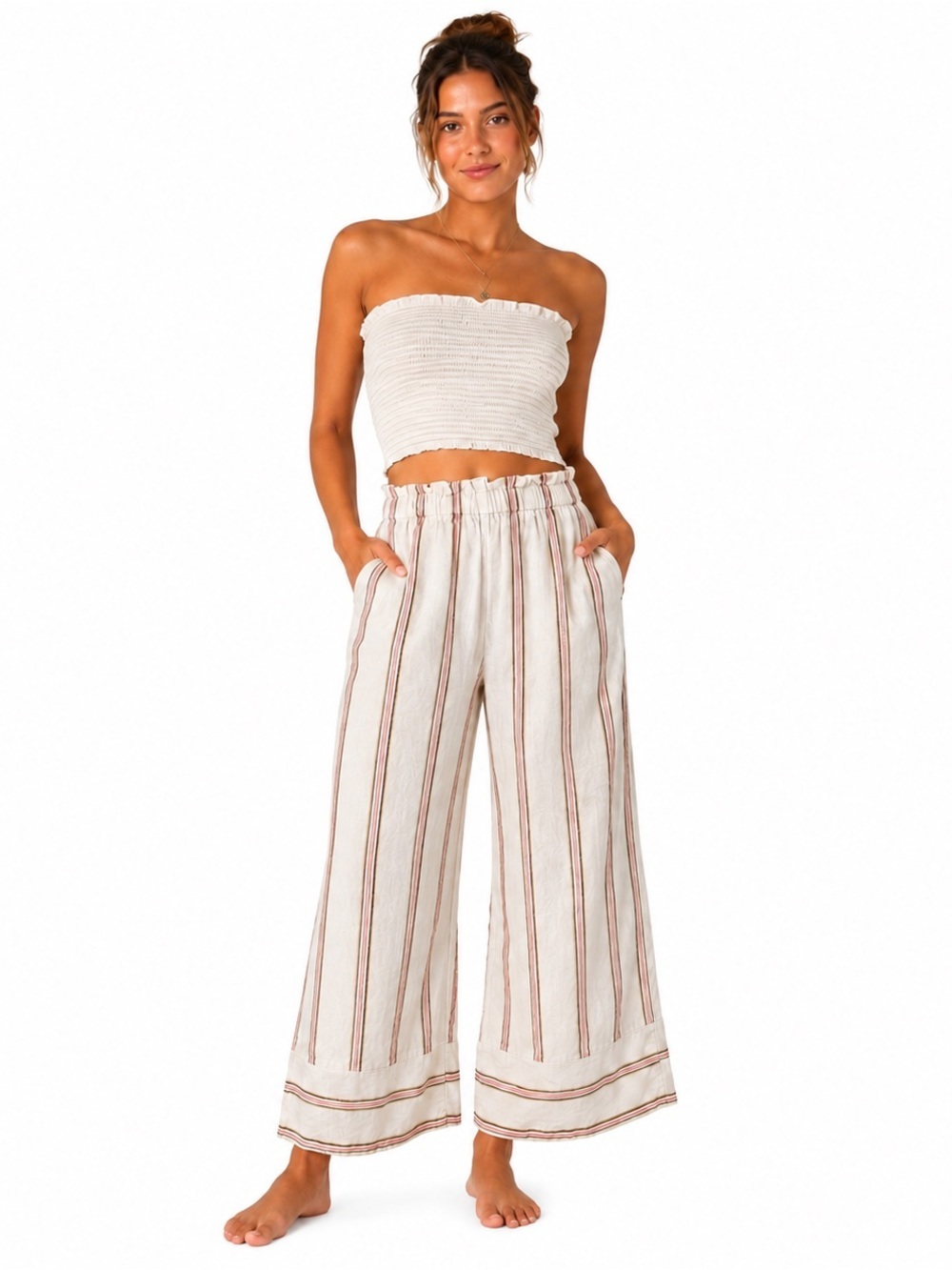 Billabong Cream Stripe Wide Leg Linen Blend Boho Coastal Cropped Palazzo Women's